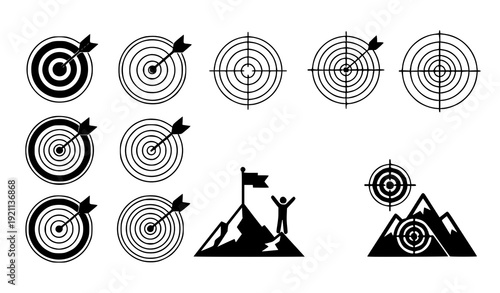 Target Aim and Mountain Peak Achievement Vector Icon Set with Bullseye Goal Symbols
