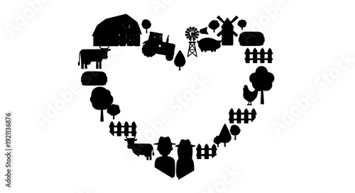 Farm Heart Shaped Frame Vector with Farmers Animals Barn and Tractor Rural Country Card Template