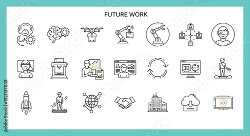 Collection of Simple Line Icons Representing Future Work.