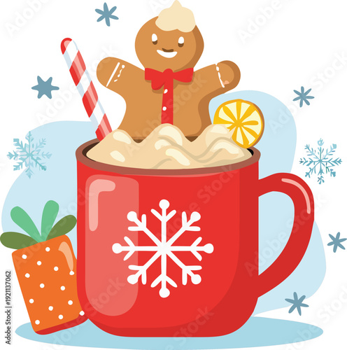Festive red mug filled with hot cocoa and a gingerbread man cookie