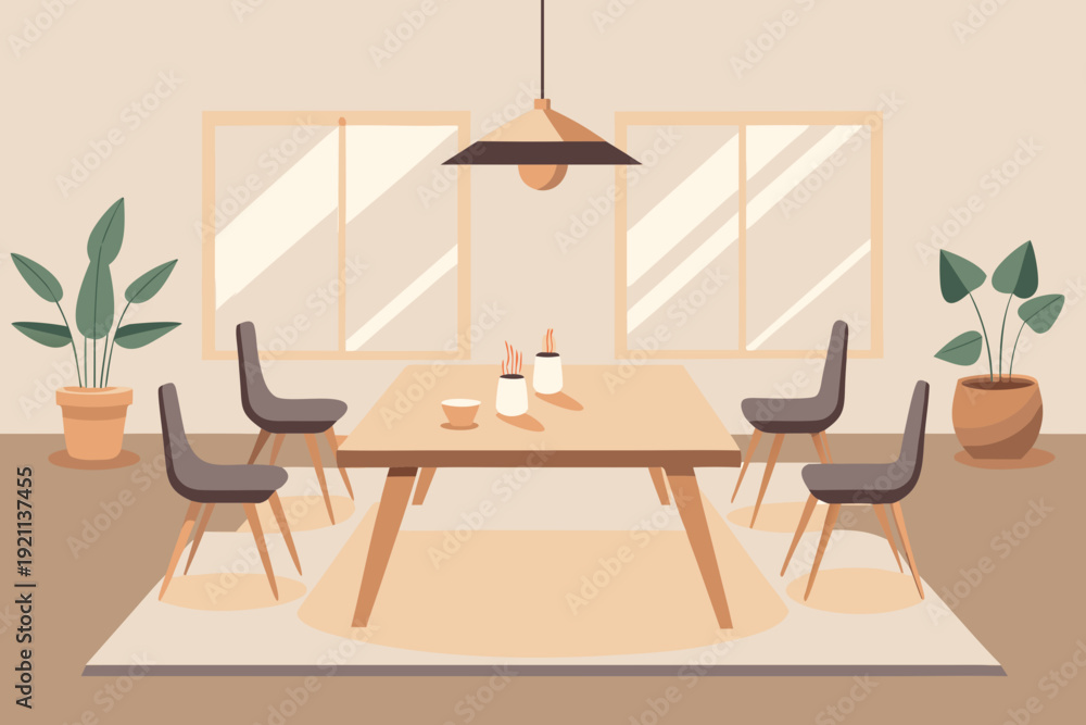Fototapeta premium Modern dining room with wooden table and gray chairs
