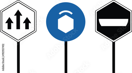 Modern road sign icon set with priority arrows smart traffic symbol and restriction sign for navigation transportation safety and urban signage design