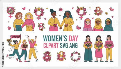 Diverse women celebrating women's day with flowers hearts and equality symbols in colorful illustrations