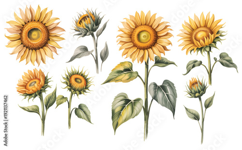 Hand-painted sunflower collection with blooming heads and buds in natural botanical watercolor isolated on white background.
