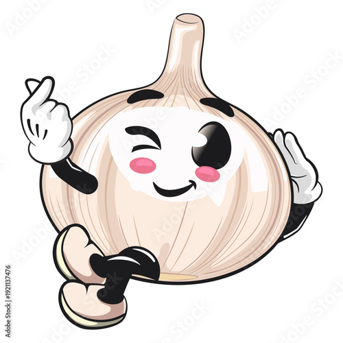 cute garlic mascot character lying down sweetly while giving a sign of love, isolated vector illustration, work of hand drawn