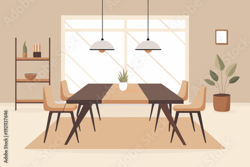Modern dining room with table and chairs in minimalist interior