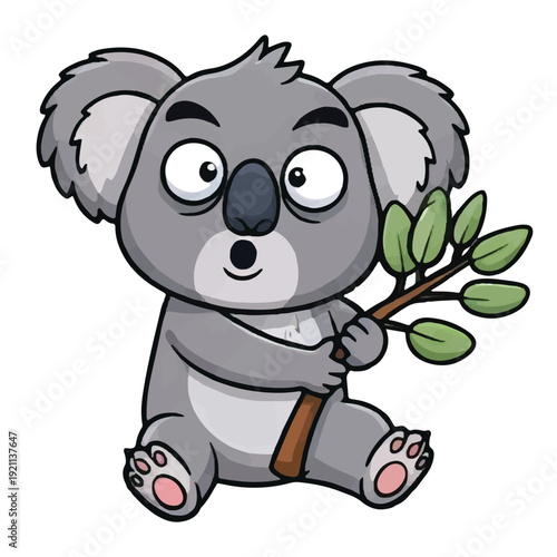 Cute cartoon koala with a happy smile and heart, black and white vector illustration isolated on white background