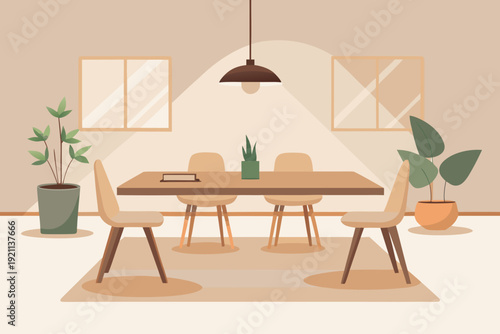 Modern dining room with plants and minimalist decor