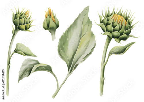 Garden sunflower bud collection with organic stems and textured leaves in timeless watercolor