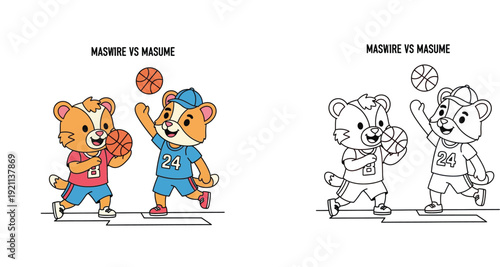 Cartoon animal mascots playing basketball, coloring book page vector illustration.