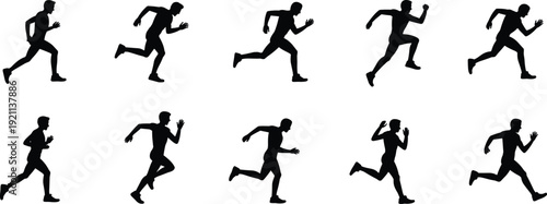 Set of dynamic male runner silhouettes in sprinting and jogging poses isolated on white background, sport training and fitness activity concept collection