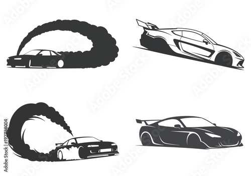 Drifting race car silhouettes with smoke trails for high speed extreme sports and racing
