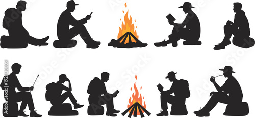 Black silhouette set of people sitting by campfire reading and using phone with backpacks isolated on white background for outdoor camping adventure design