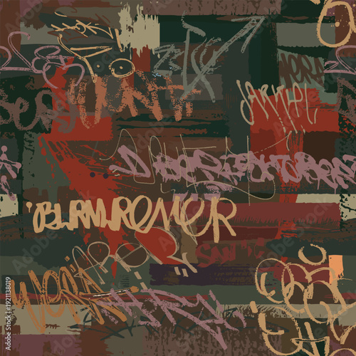 Graffiti seamless background with tags and letters. Fashion hand drawing texture in the colors of rusty old metal. Street art pattern, hip hop style design. Vector