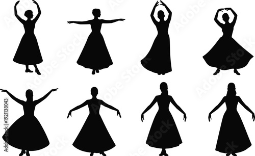 Set of graceful ballerina silhouettes in elegant dance poses isolated on white background, classical ballet dancers collection for performance and design use