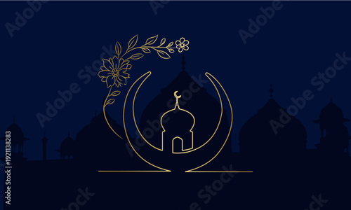 Minimal Islamic Crescent and Mosque Silhouette Gold Line Art Background
