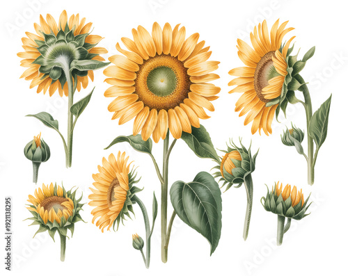 Classic garden sunflower study featuring open blossoms and developing buds in hand-drawn botanical art.