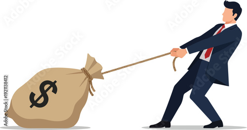 Businessman pulling a heavy money bag with a dollar sign on it, symbolizing financial struggle or debt, with a determined expression
