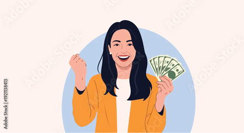 Excited young woman celebrating financial success with a fist pump and a fan of dollar bills, embodying happiness and prosperity in her earnings