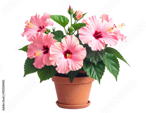 Pink Hibiscus Blossoms Blooming in a Brown Terracotta Pot.