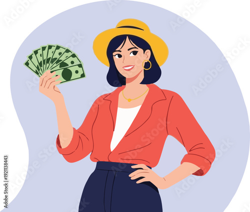Confident woman holding a substantial stack of dollar bills, symbolizing personal financial success, prosperity, and lucrative earnings in a cheerful, modern vector style