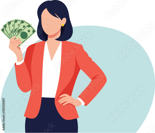 Dynamic illustration of a confident businesswoman holding a substantial amount of cash, symbolizing financial achievement, successful investments, and personal wealth management strategies