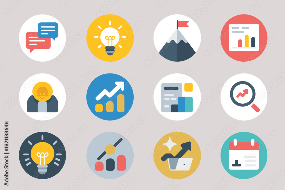Fototapeta premium Business and marketing flat icons collection, startup strategy and analytics symbols set, modern vector illustration