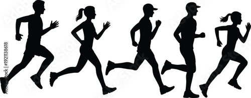 Side view silhouettes of running men and women in dynamic jogging poses isolated on white background, fitness training and active lifestyle concept