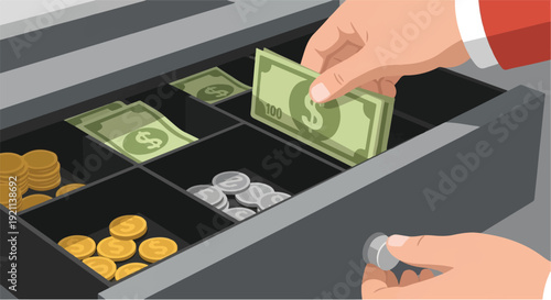 Hands managing cash in a register drawer, illustrating financial transactions, payment processing, and efficient money handling for retail and business operations