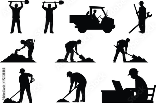 Construction worker silhouette collection illustration, laborer digging and industrial work set, heavy equipment operator concept, isolated white background