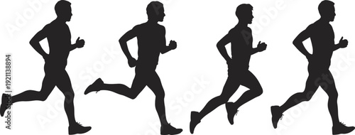 Side view silhouettes of male runners in dynamic jogging poses isolated on white background, sport training and fitness concept