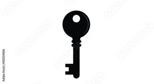 Simple black silhouette of a vintage style key on a white background