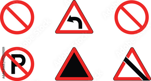 Road traffic warning and prohibition sign icon set with red triangle and circle symbols for driving rules safety instructions and transportation guidance design