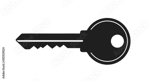 Simple black silhouette of a standard key on a white background