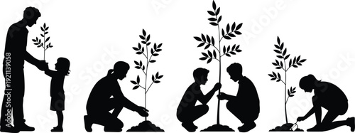 Family planting tree silhouettes set, parents and children gardening together concept, black vector illustration