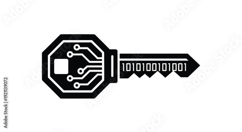 Digital key icon with circuit board elements and binary code details