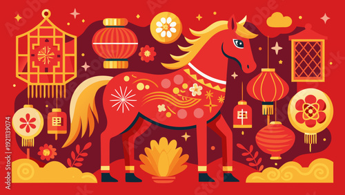 A vibrant and intricate illustration of a red horse surrounded by various symbols and patterns. Vector