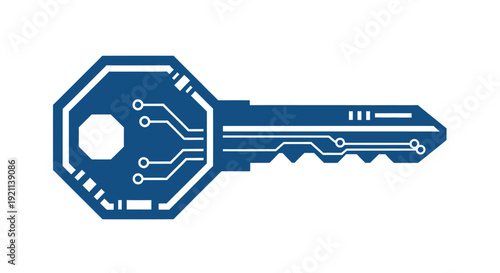 A blue key icon with integrated circuit board lines representing digital security