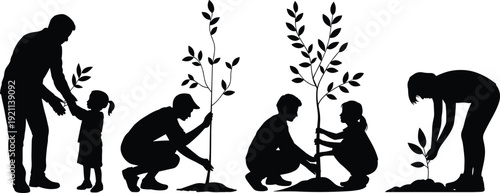 Family tree planting silhouettes collection, parents and children gardening together concept, black vector illustration