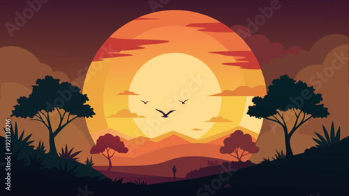 Silhouettes of trees and birds against a vibrant sunset sky with a large sun. Vector