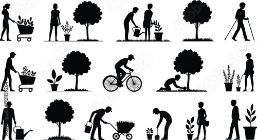 Gardening and tree care silhouettes collection, people planting watering and landscaping set, black vector illustration