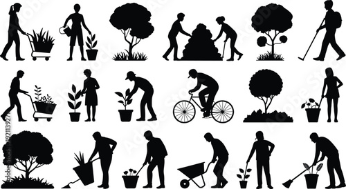 Gardening people silhouettes collection with planting watering and landscaping activities, tree care set, black vector illustration
