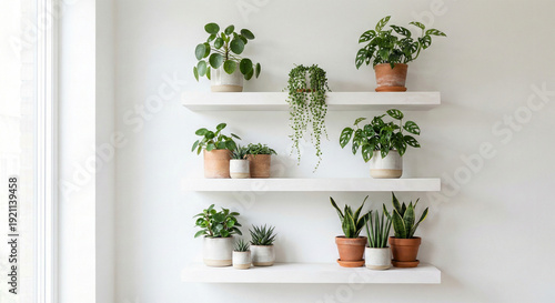 Photos Variety of green houseplants on white shelves against a white wall near a window