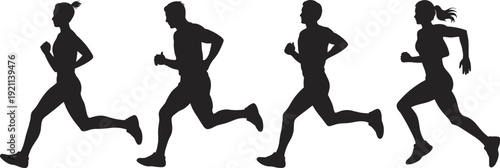 Side view silhouettes of running men and women isolated on white background, fitness training, jogging exercise and active lifestyle concept