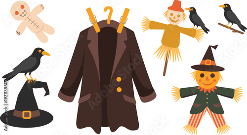 Halloween scarecrow and witch elements illustration, spooky autumn character collection set, isolated cartoon design, white background