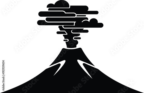 A black and white illustration of a volcanic eruption