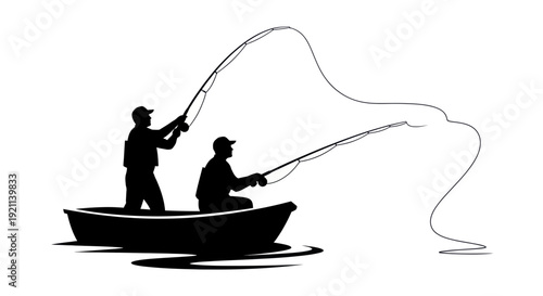 Two fishermen silhouette casting fishing rods from a boat on white background