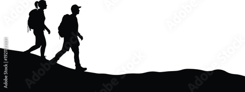 Silhouettes of backpackers hiking on mountain slope isolated on white background, outdoor adventure travel and trekking concept