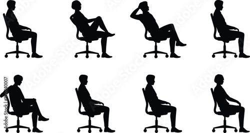 Office worker sitting on chair silhouettes collection, man and woman seated poses set, black vector illustration