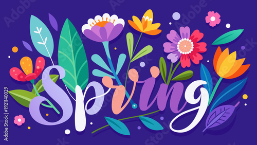 Vibrant spring flowers and colorful butterflies on a blue background Vector